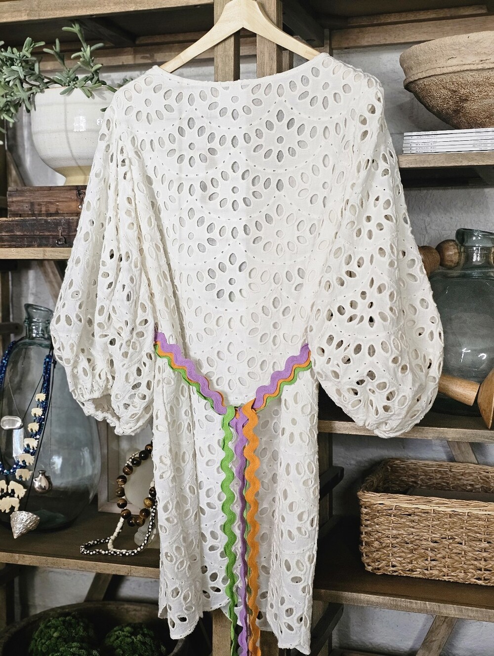 Sundress Edo Cotton Eyelet Babydoll Mini Dress V Plunging Neckline Ric Rac Trim - Picture 7 of 16